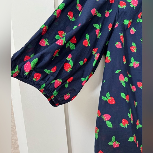 Kate Spade Navy Blue with Strawberry Print Tossed strawberry puff sleeve top - Picture 2 of 11